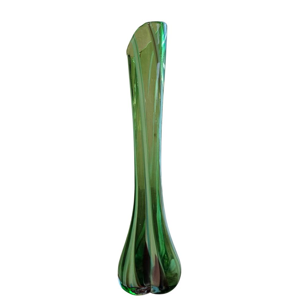 Vintage MCM Hand Blown Glass Stretch Bud Vase 10.5" Green Art Decor 1960s Mod
